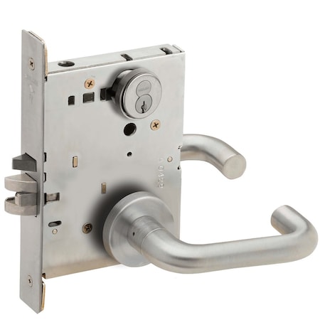 Grade 1 Storeroom Mortise Lock, Schlage FSIC With Core, S123 Keyway, 03 Lever, A Rose, Satin Stainle